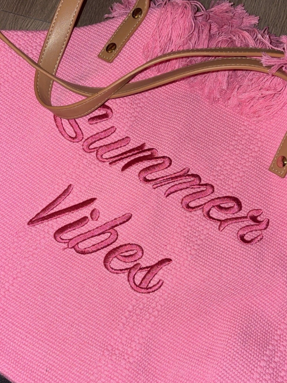Pink "Summer Vibes" Tote Bag with Tan Straps